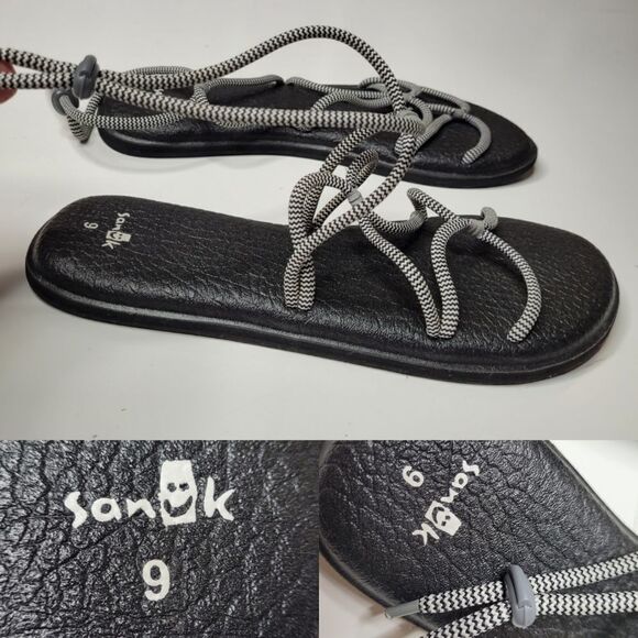 9 SANUK BLACK WHITE ANKLE WRAP ADJUSTABLE CORD STRETCH YOGA MAT WATER SANDALS - Picture 1 of 10